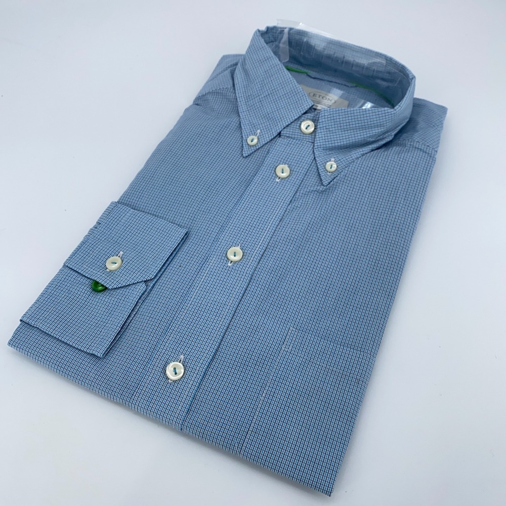 Eton Dress Shirt Mens M-39 Blue Check Trunk Club Formal Contemporary Button Down